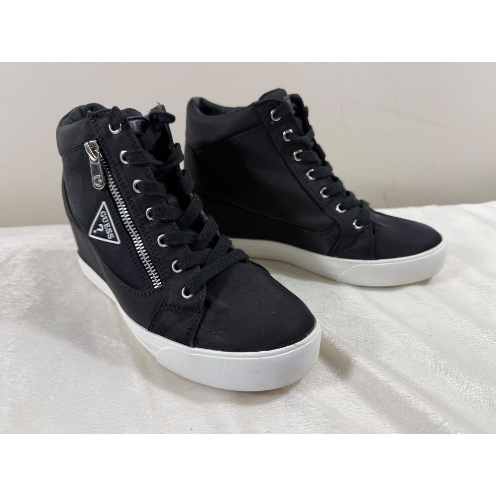 Guess Wedge High Top Sneakers Women 8.5 Black Lace Up Side Zip Logo Casual Shoes
